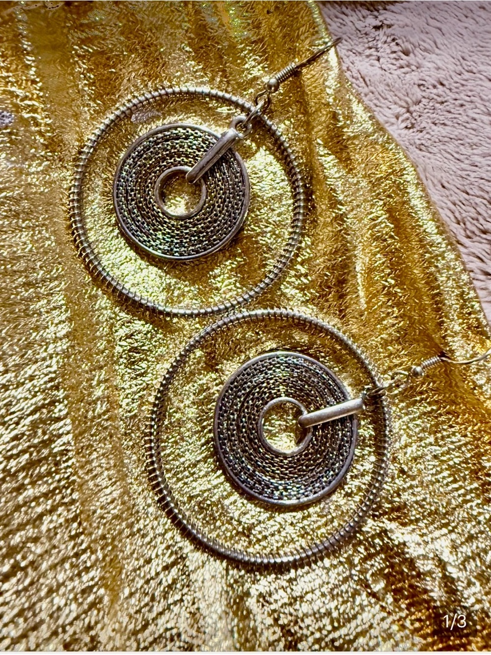 Silver Double-Hoop Textured Dangle Earrings
